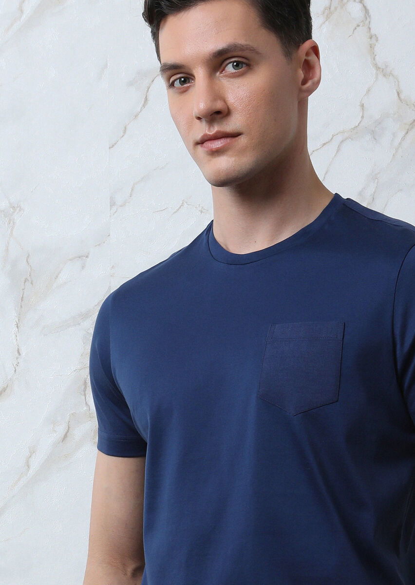 Lacivert Düz %100 Pamuk T-Shirt - 2