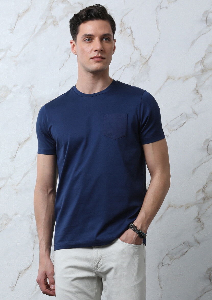 Lacivert Düz %100 Pamuk T-Shirt - 3