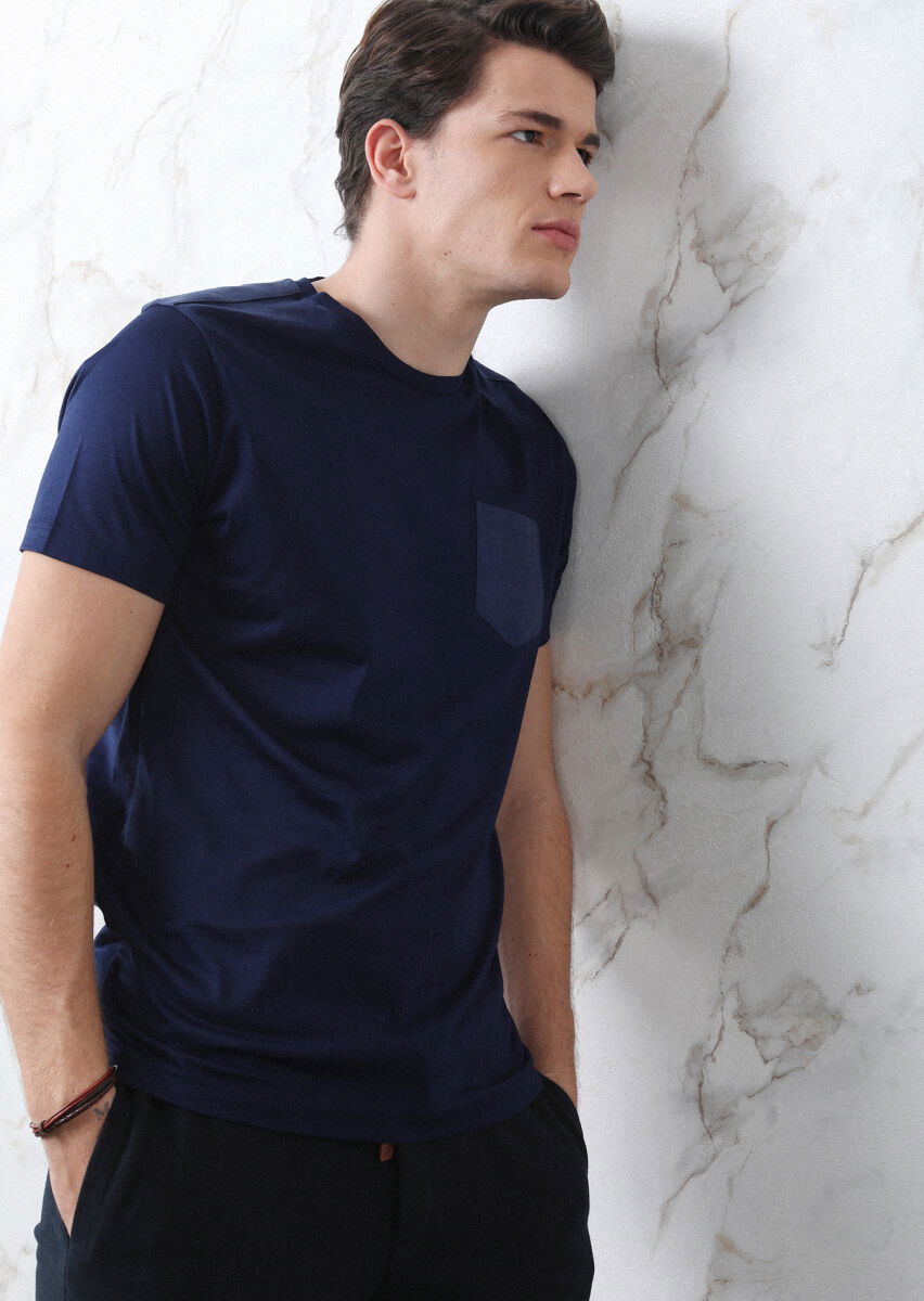 Lacivert Düz %100 Pamuk T-Shirt - 6