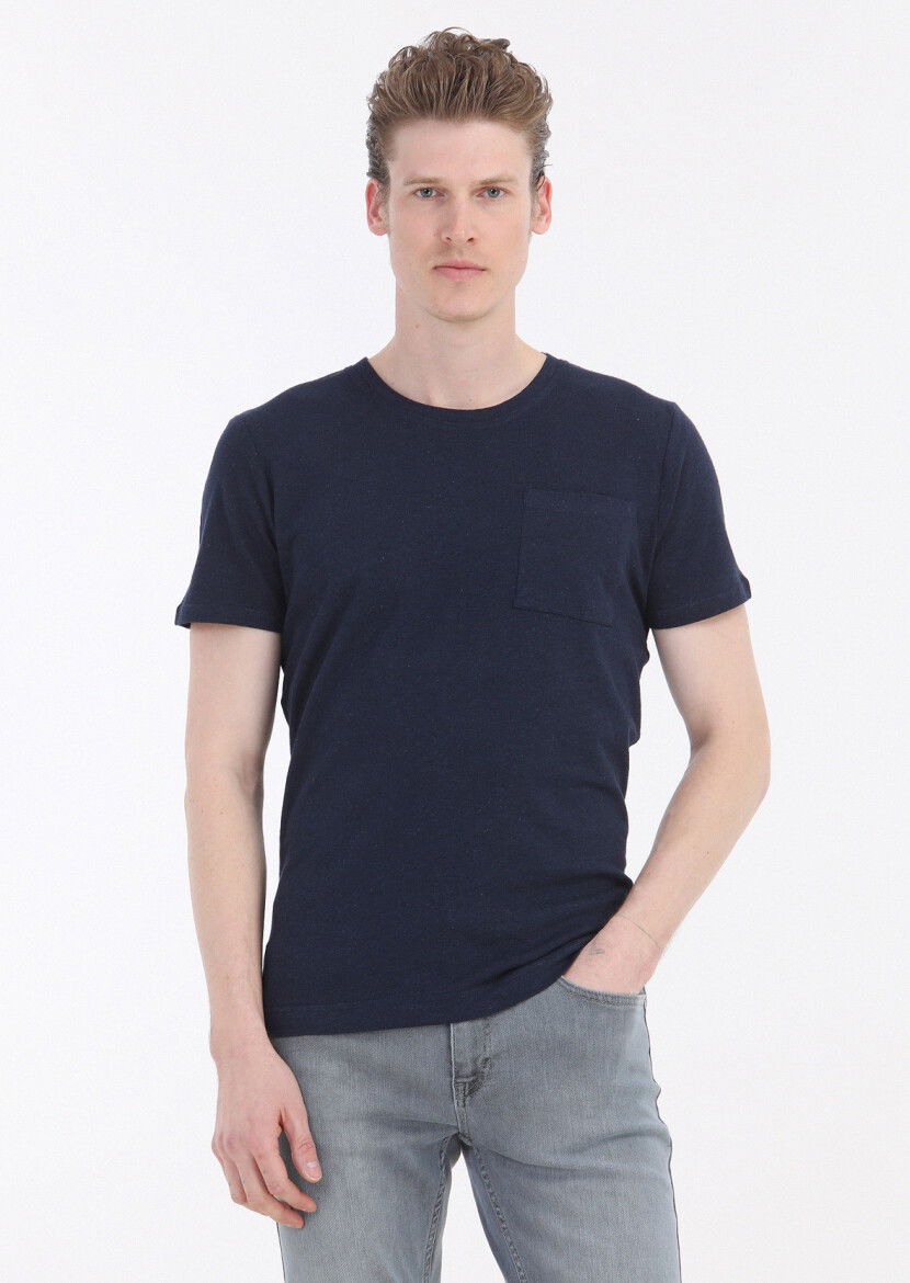 Lacivert Düz Bisiklet Yaka %100 Keten T-Shirt 