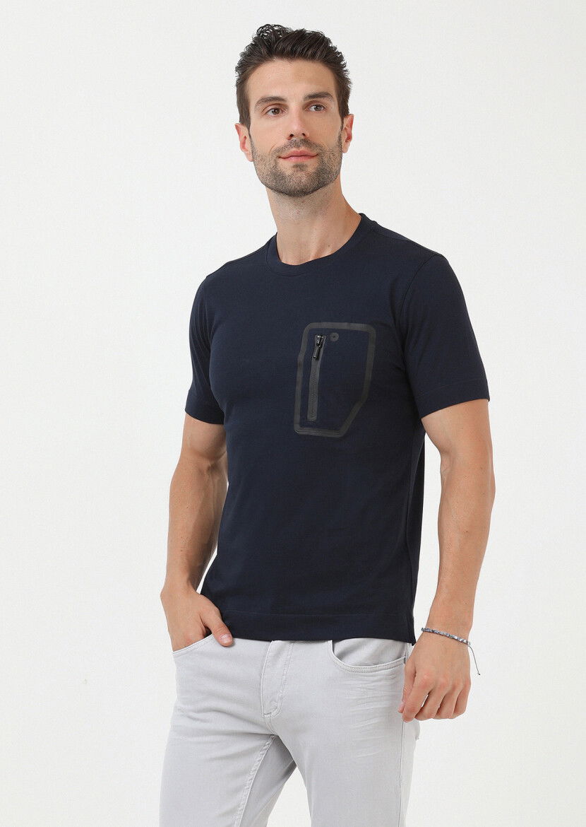 Lacivert Düz Bisiklet Yaka %100 Pamuk T-Shirt - 1