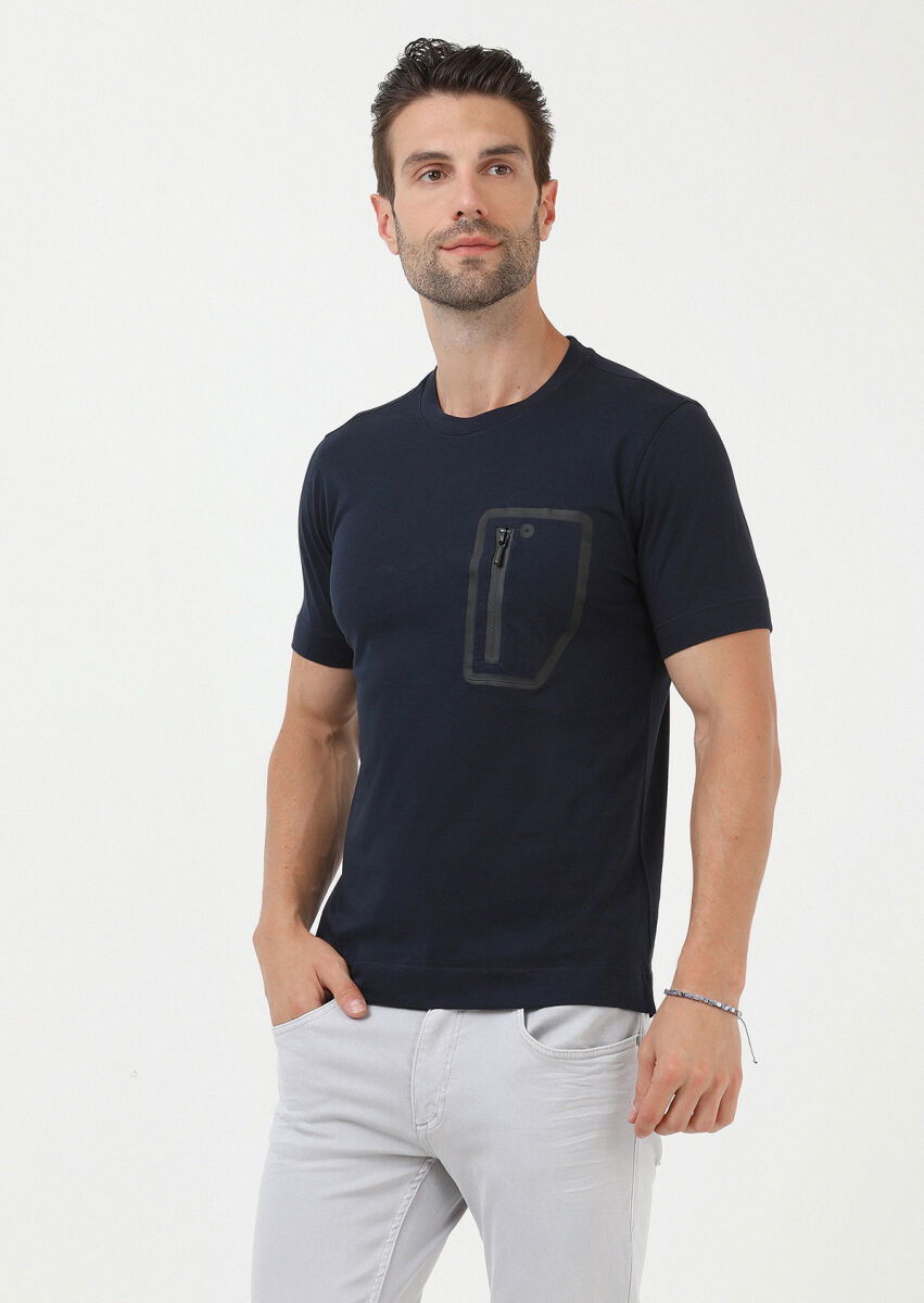 Lacivert Düz Bisiklet Yaka %100 Pamuk T-Shirt - 1