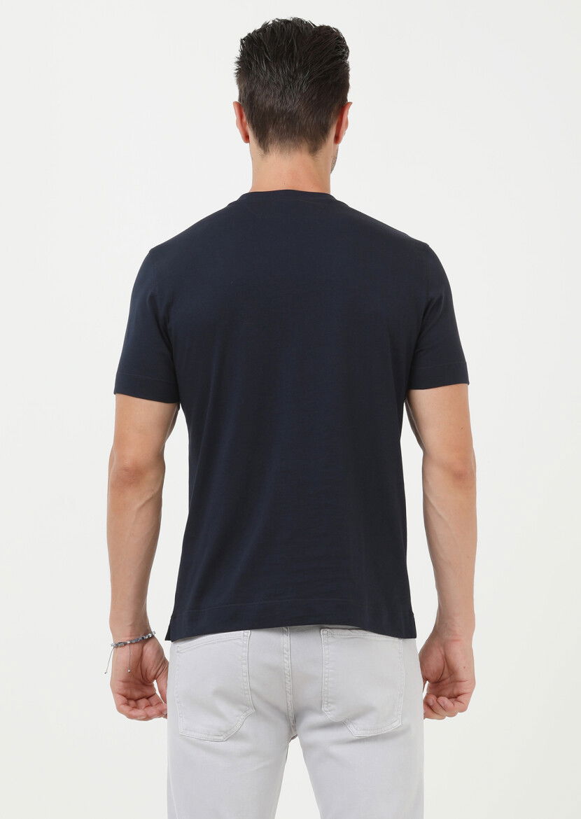 Lacivert Düz Bisiklet Yaka %100 Pamuk T-Shirt - 4