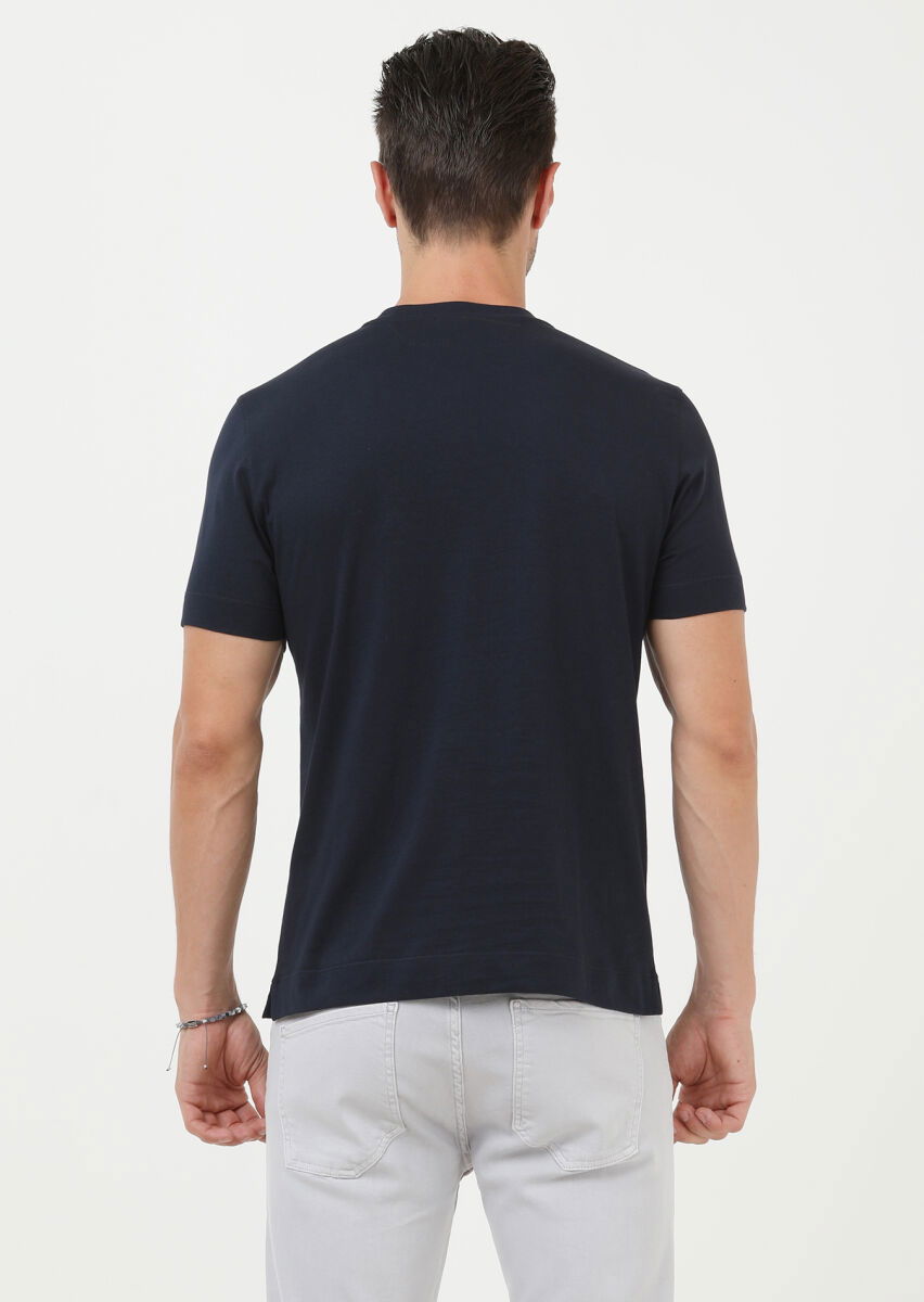 Lacivert Düz Bisiklet Yaka %100 Pamuk T-Shirt - 4