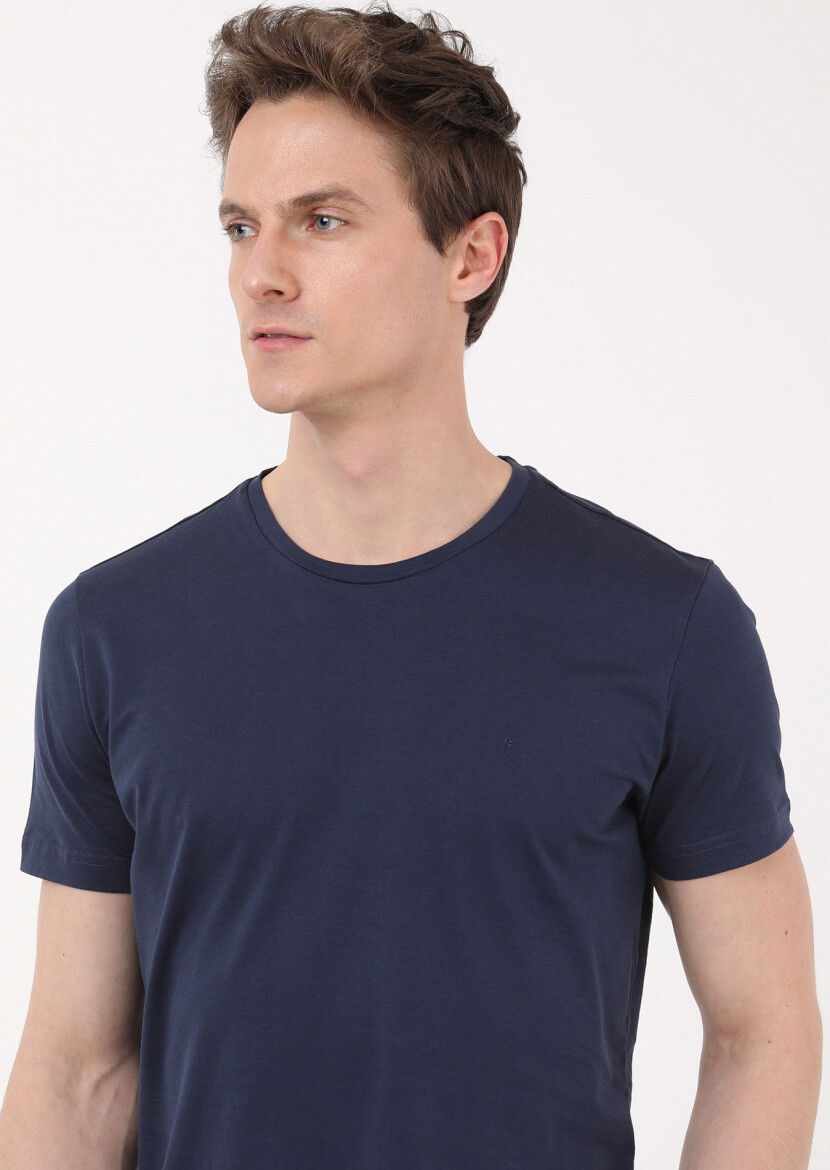 Lacivert Düz Bisiklet Yaka %100 Pamuk T-Shirt 