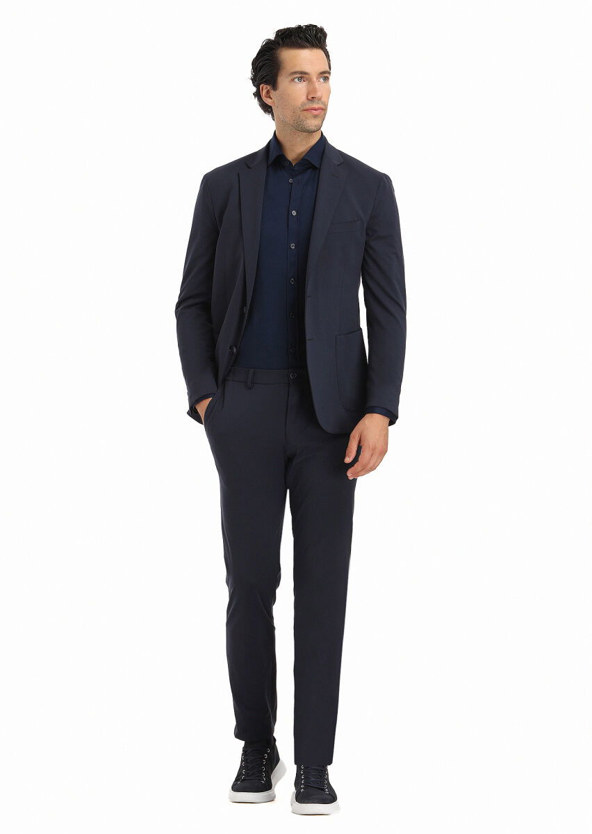 Lacivert Düz Comfort Fit Örme Takım Elbise - 1