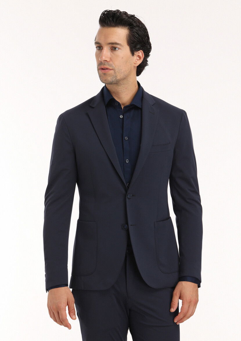 Lacivert Düz Comfort Fit Örme Takım Elbise - 3