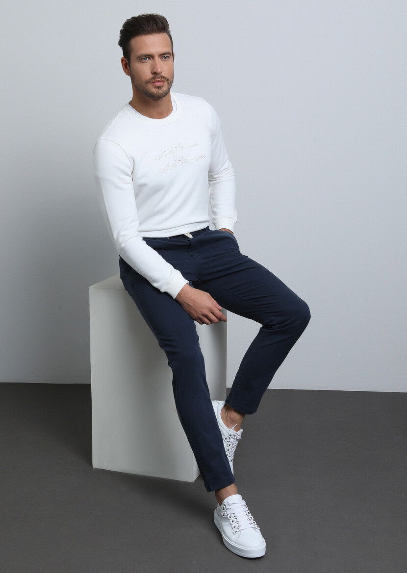 Lacivert Düz Dokuma Jogging Fit Casual Pamuk Karışımlı Pantolon - 4