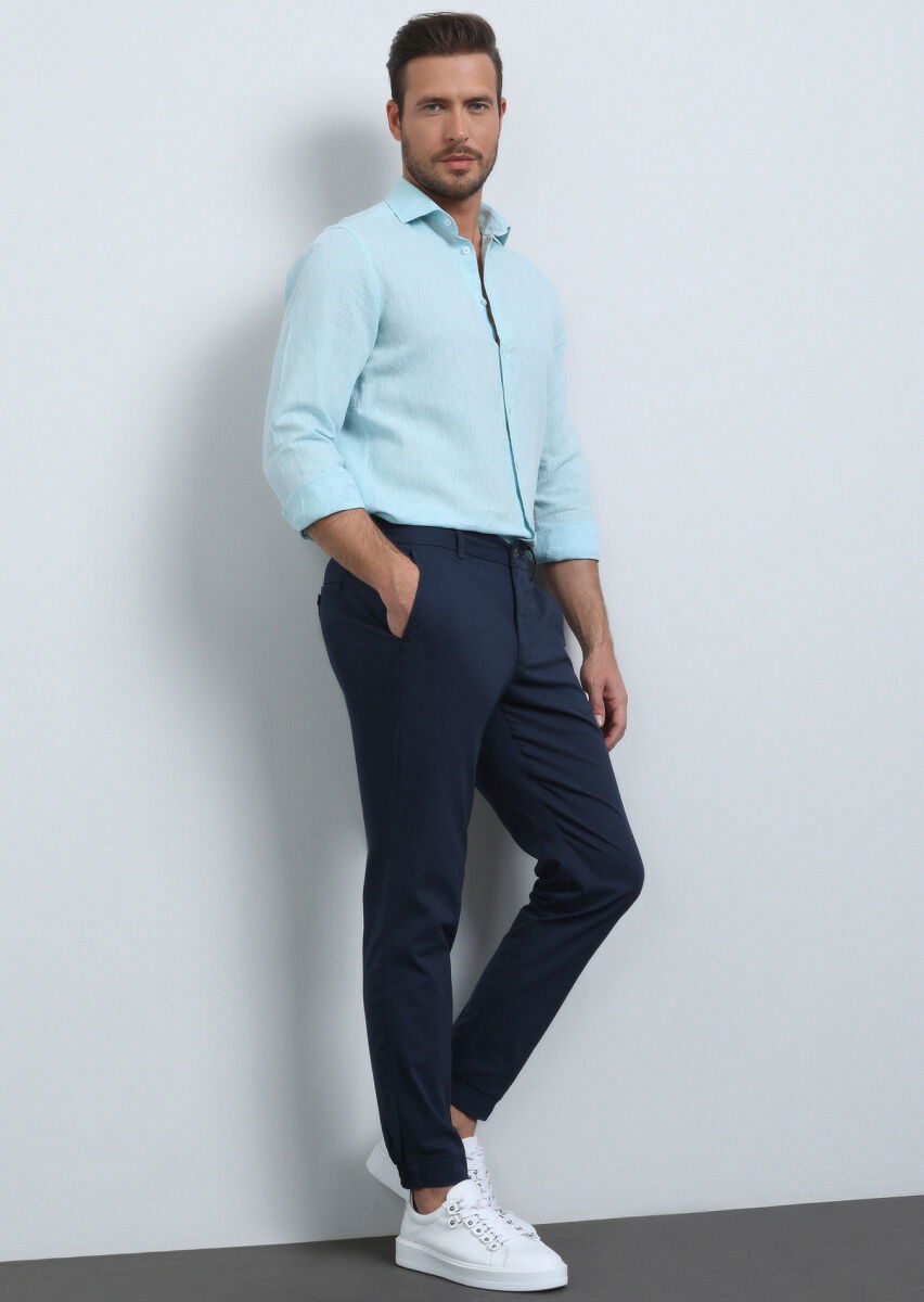 Lacivert Düz Dokuma Jogging Fit Casual Pamuk Karışımlı Pantolon - 2