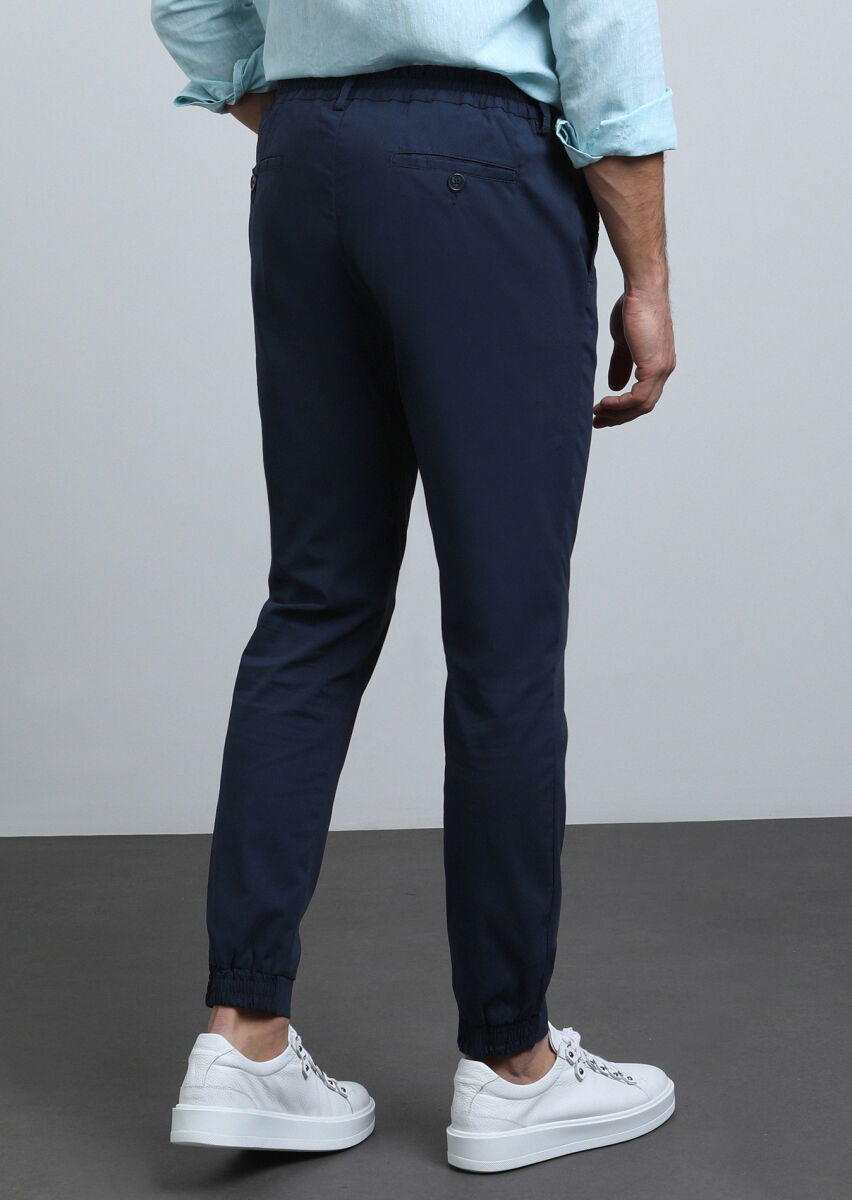 Lacivert Düz Dokuma Jogging Fit Casual Pamuk Karışımlı Pantolon - 5