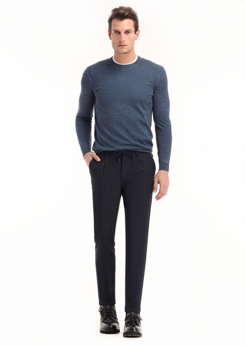 Lacivert Düz Dokuma Jogging Fit Casual Pantolon - 1