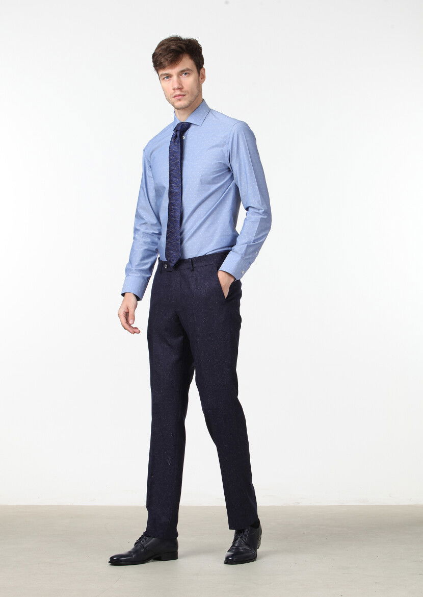 Lacivert Düz Dokuma Modern Fit Klasik İpek Karışımlı Pantolon 