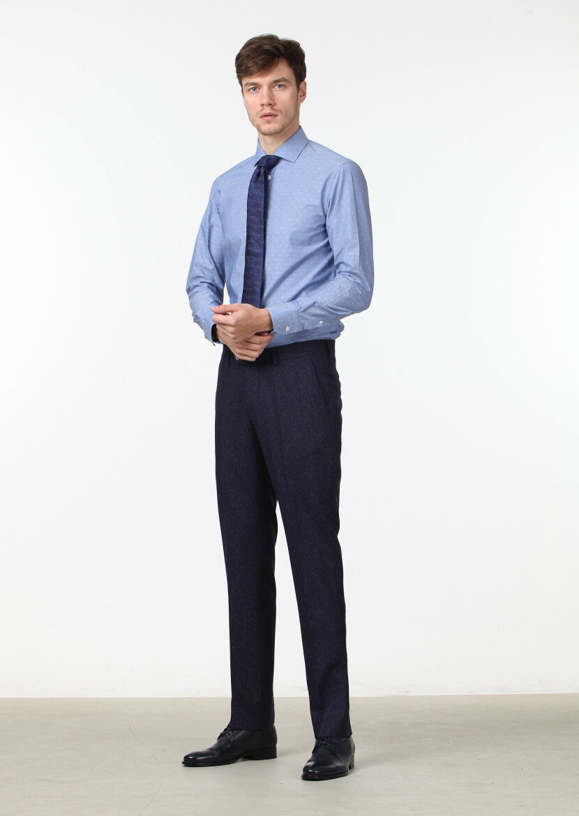 Lacivert Düz Dokuma Modern Fit Klasik İpek Karışımlı Pantolon - 2