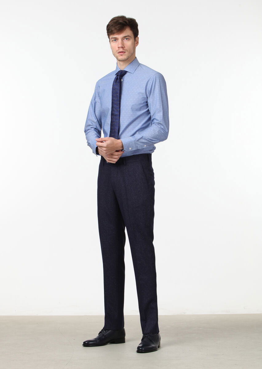 Lacivert Düz Dokuma Modern Fit Klasik İpek Karışımlı Pantolon - 2