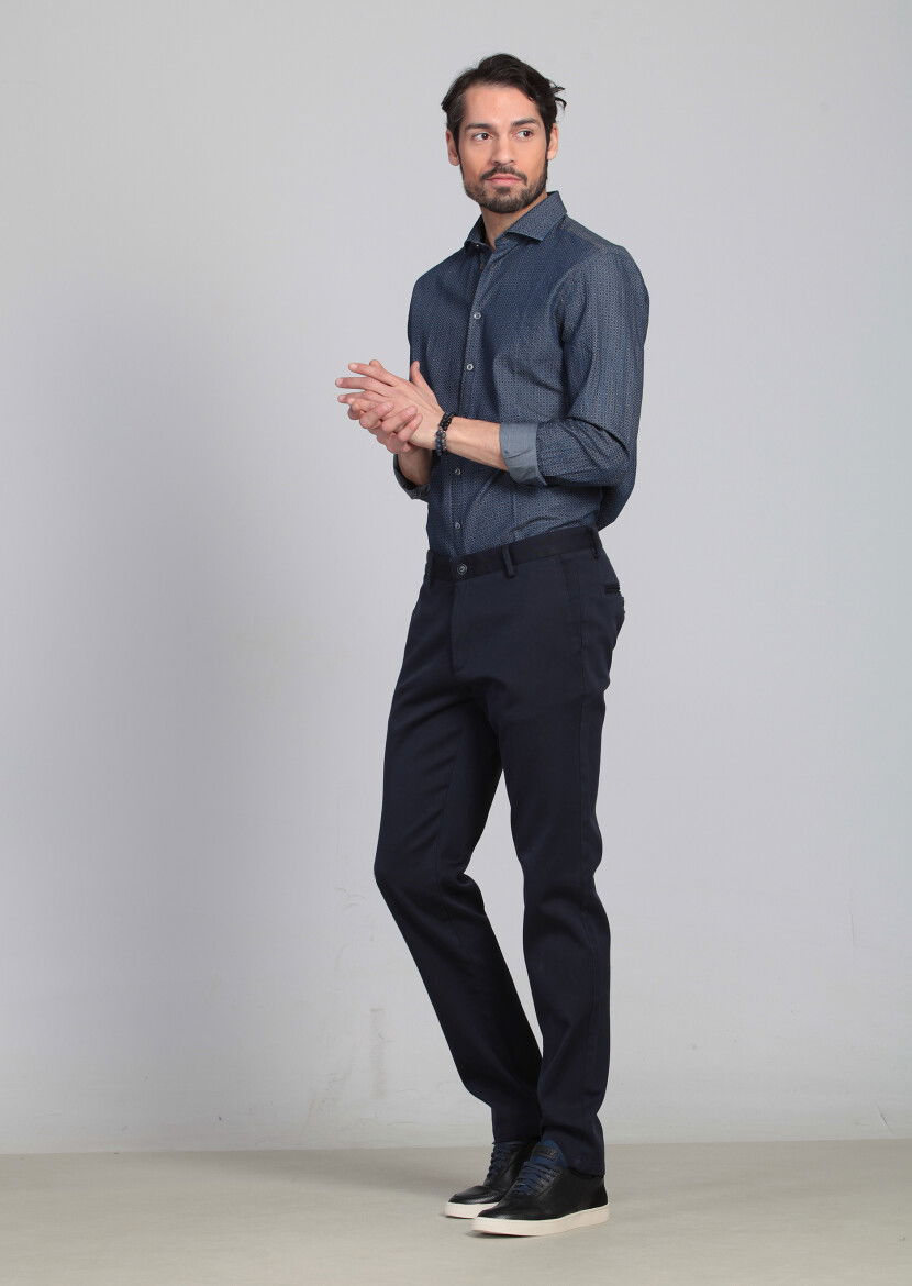 Lacivert Düz Dokuma Regular Fit Casual %100 Pamuk Pantolon - 3
