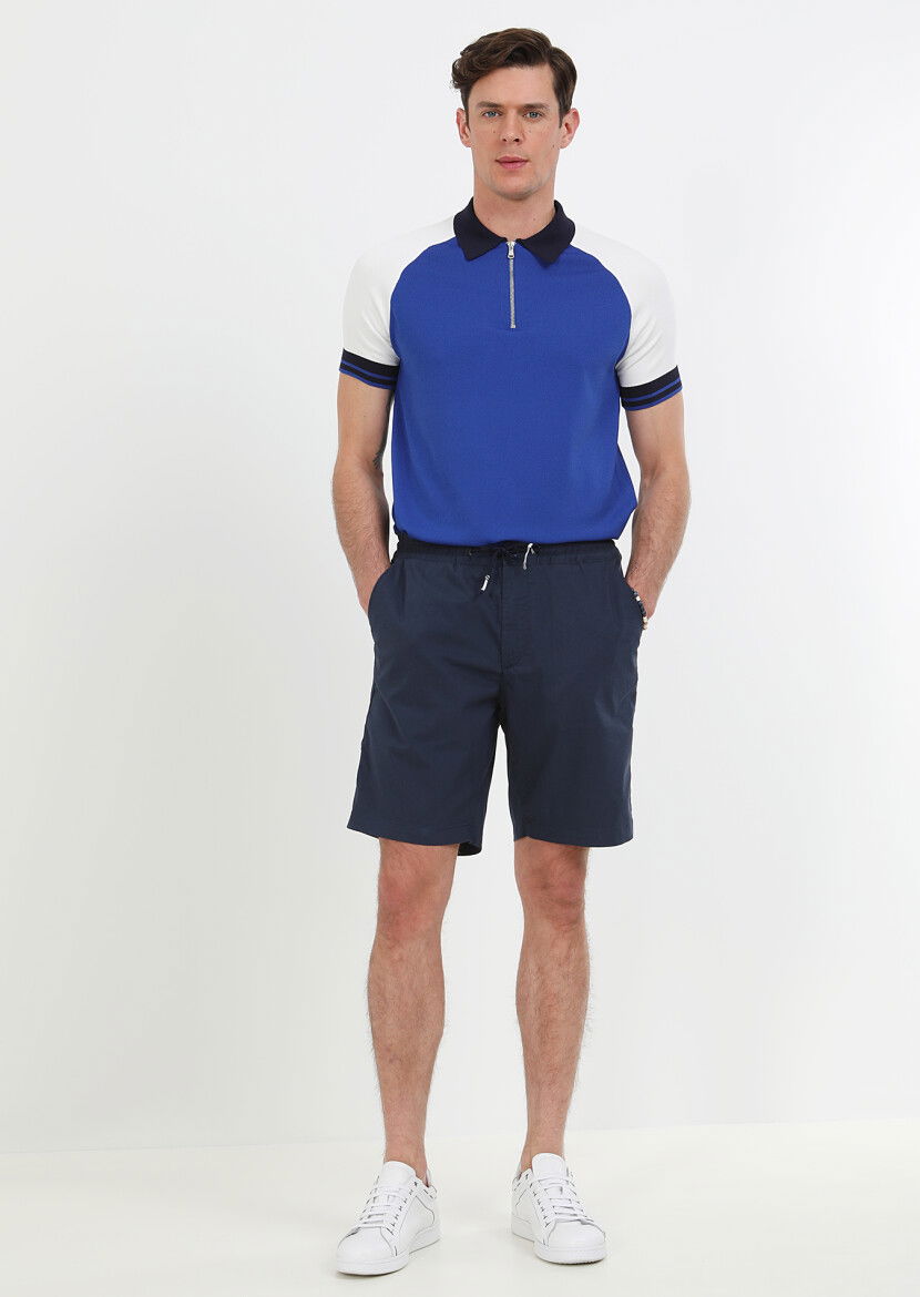 Lacivert Düz Dokuma Regular Fit Casual Pamuk Karışımlı Bermuda 