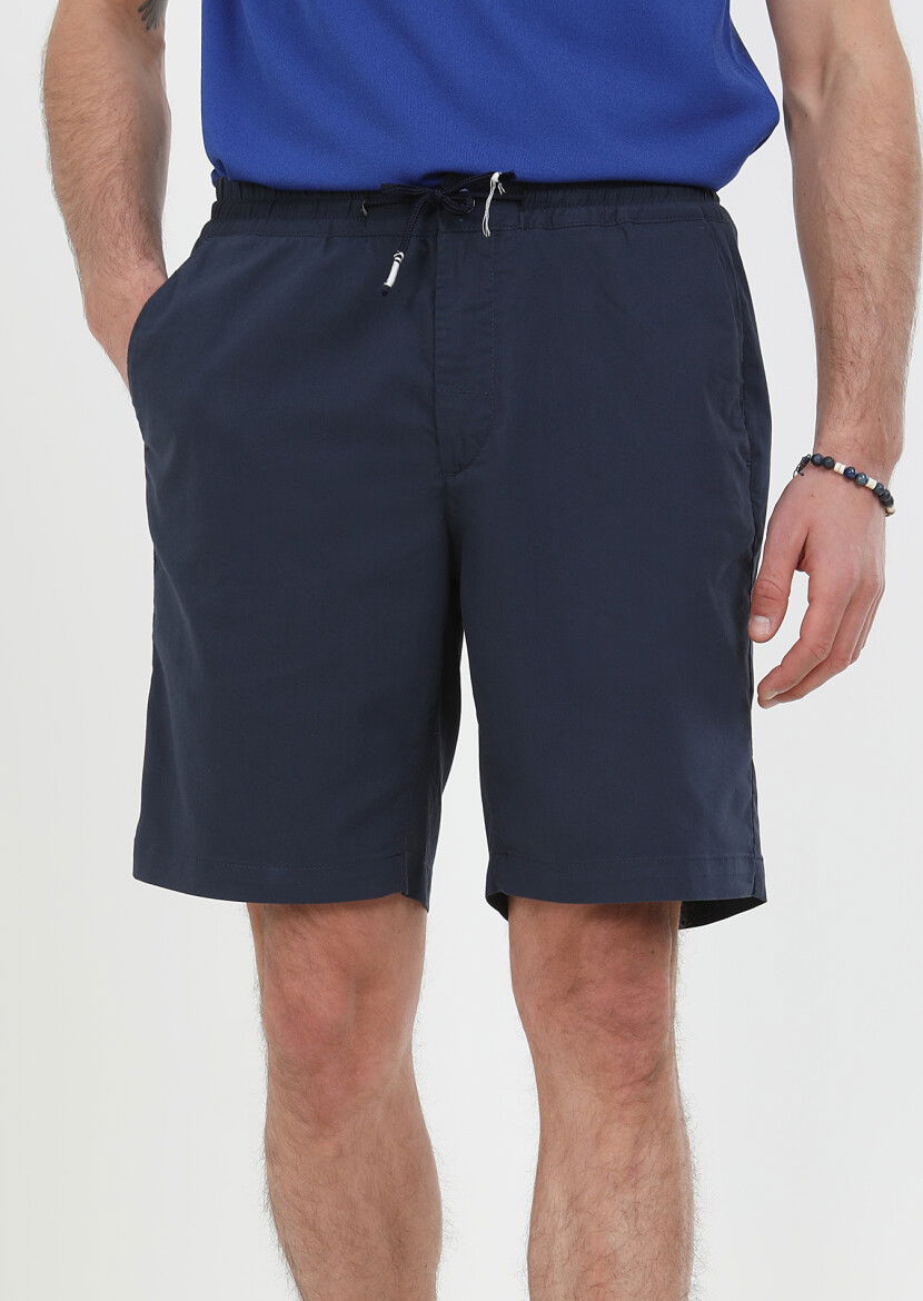 Lacivert Düz Dokuma Regular Fit Casual Pamuk Karışımlı Bermuda 