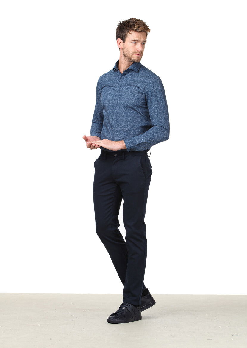 Lacivert Düz Dokuma Regular Fit Casual Pamuk Karışımlı Pantolon - 1