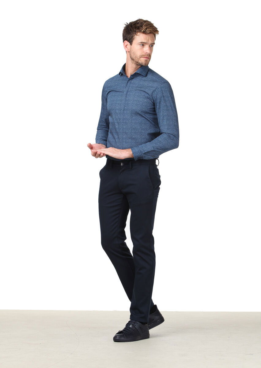 Lacivert Düz Dokuma Regular Fit Casual Pamuk Karışımlı Pantolon - 1