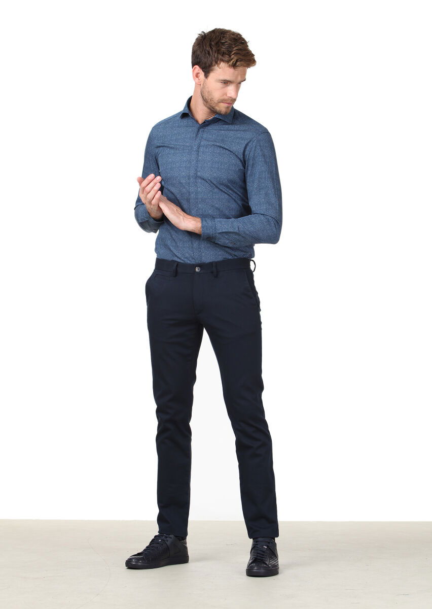 Lacivert Düz Dokuma Regular Fit Casual Pamuk Karışımlı Pantolon - 2