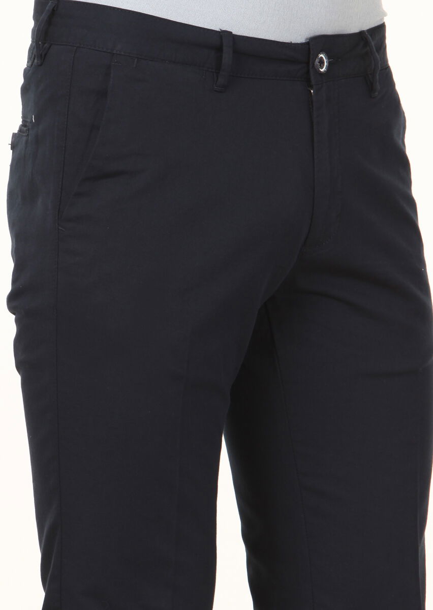 Lacivert Düz Dokuma Regular Fit Casual Pamuk Karışımlı Pantolon - 3