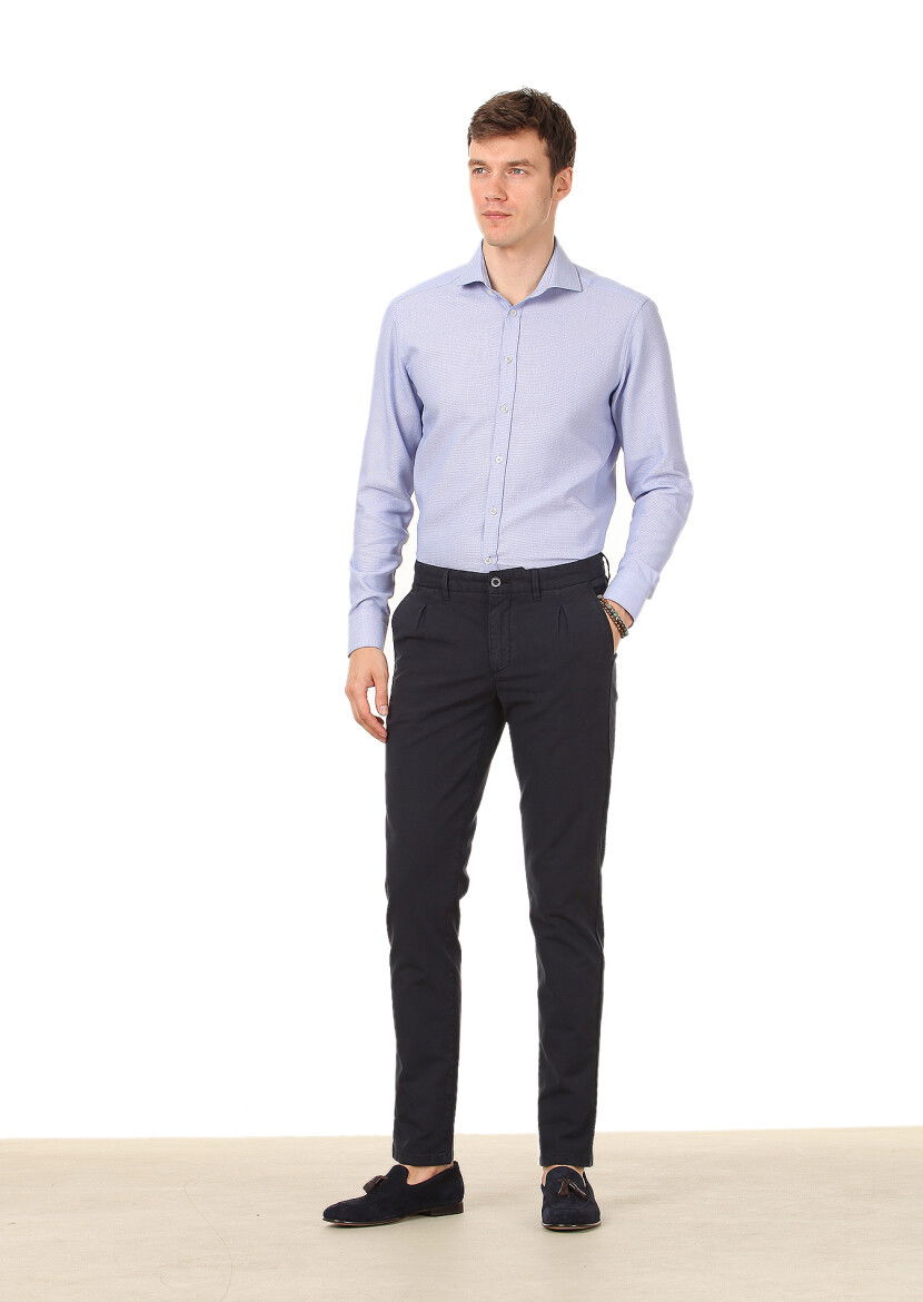 Lacivert Düz Dokuma Regular Fit Casual Pamuk Karışımlı Pantolon 