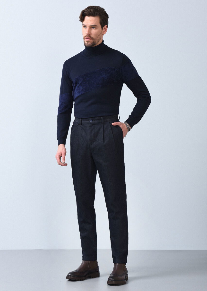 Lacivert Düz Dokuma Regular Fit Casual Pamuk Karışımlı Pantolon - 3