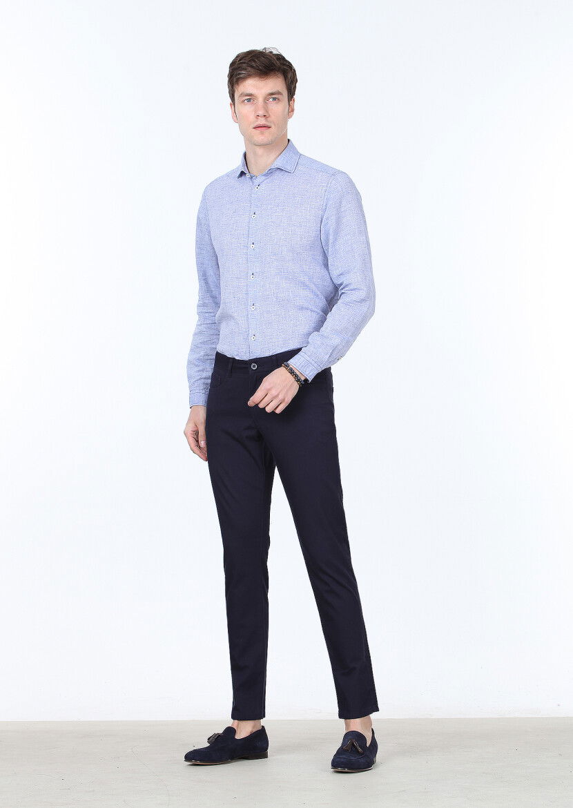 Lacivert Düz Dokuma Slim Fit Casual %100 Pamuk Pantolon 