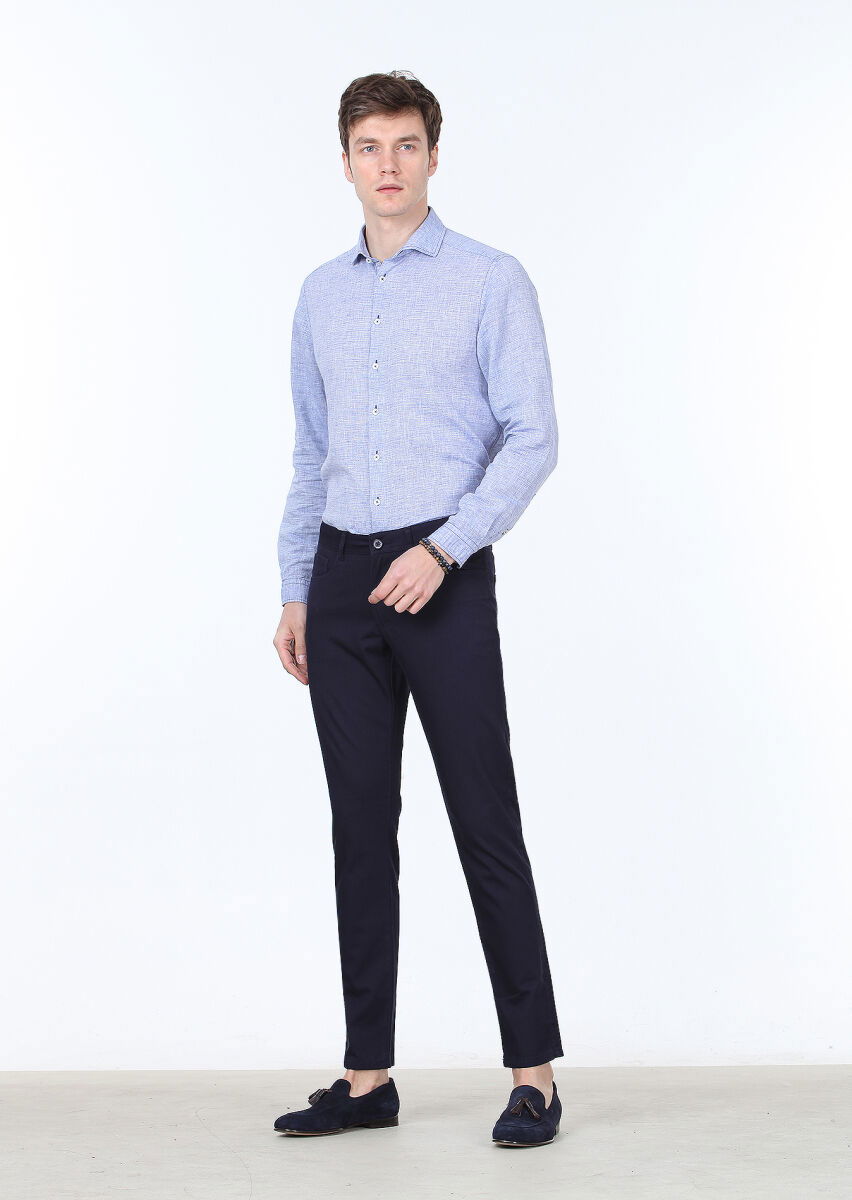 Lacivert Düz Dokuma Slim Fit Casual %100 Pamuk Pantolon - 1