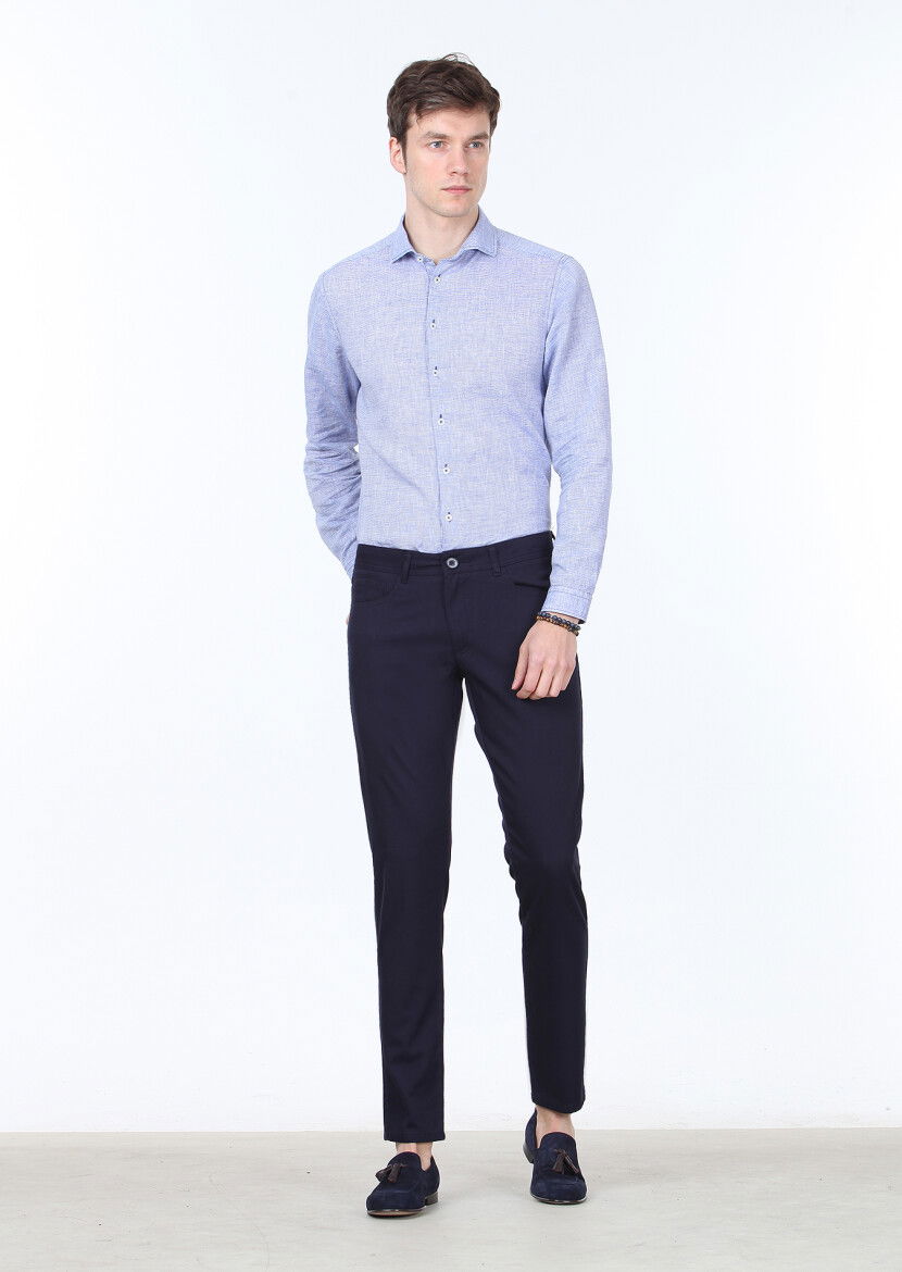 Lacivert Düz Dokuma Slim Fit Casual %100 Pamuk Pantolon - 2