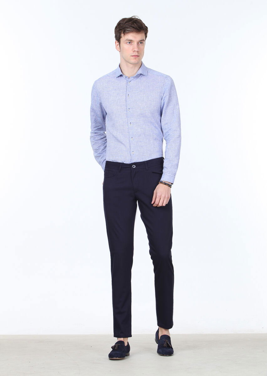 Lacivert Düz Dokuma Slim Fit Casual %100 Pamuk Pantolon - 2