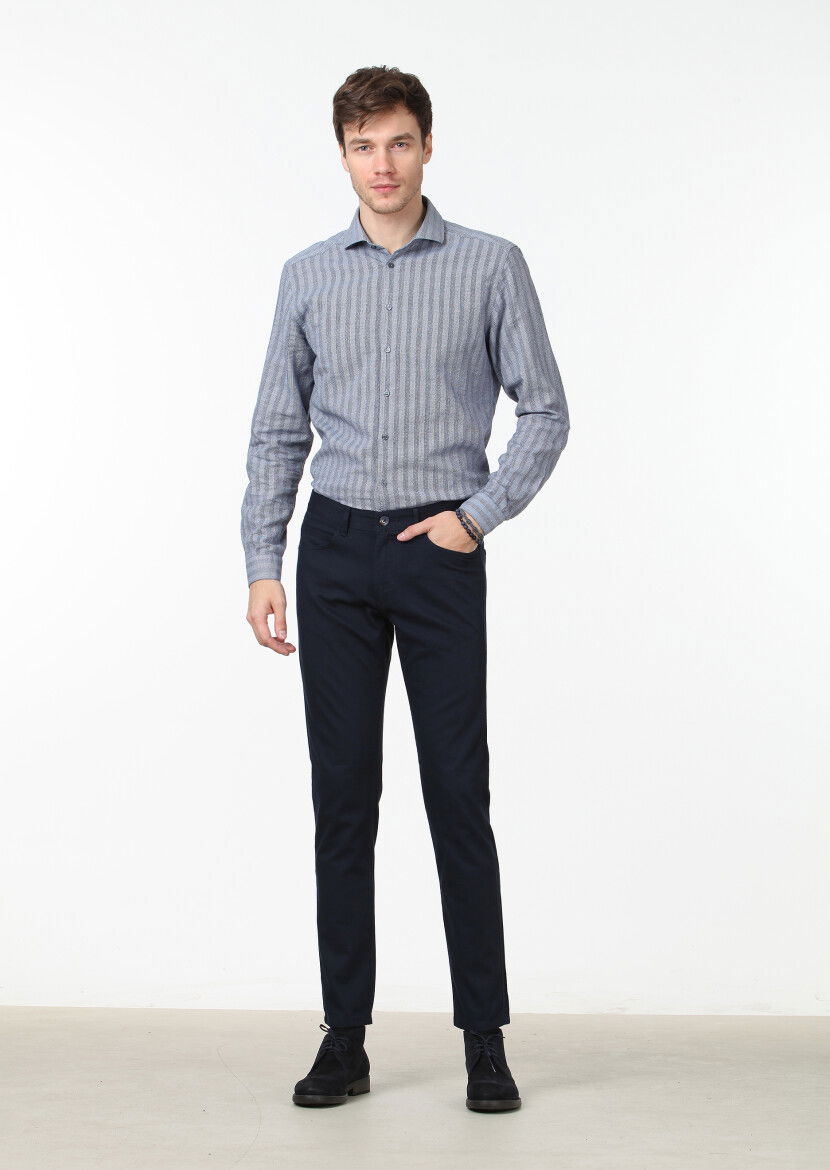 Lacivert Düz Dokuma Slim Fit Casual Pamuk Karışımlı Pantolon - 1