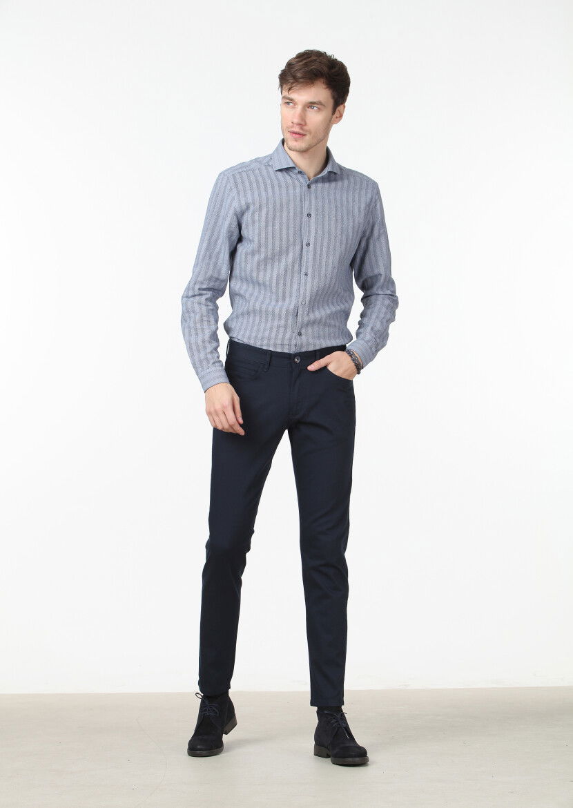 Lacivert Düz Dokuma Slim Fit Casual Pamuk Karışımlı Pantolon 