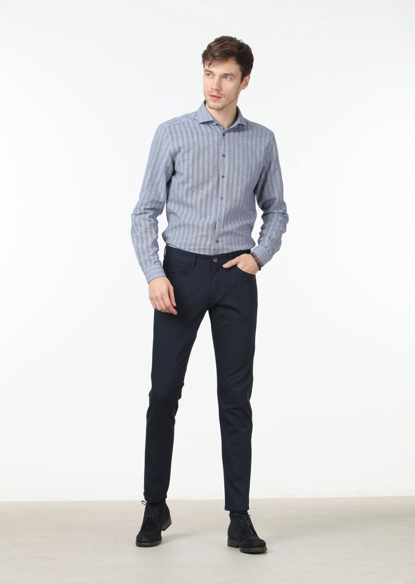 Lacivert Düz Dokuma Slim Fit Casual Pamuk Karışımlı Pantolon - 2