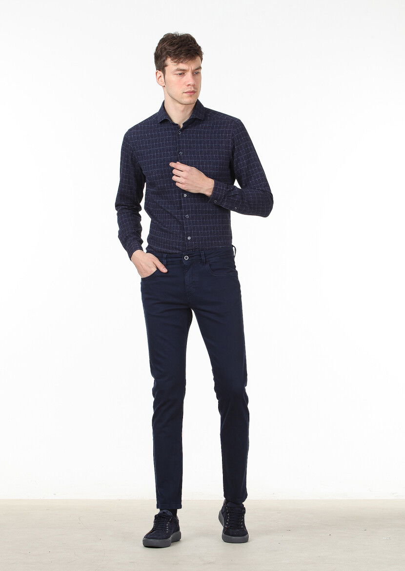 Lacivert Düz Dokuma Slim Fit Casual Pamuk Karışımlı Pantolon 