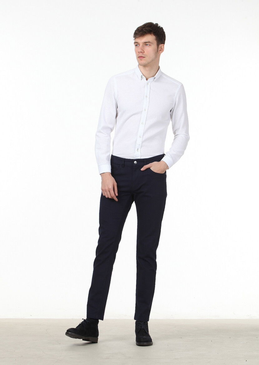 Lacivert Düz Dokuma Slim Fit Casual Pamuk Karışımlı Pantolon 