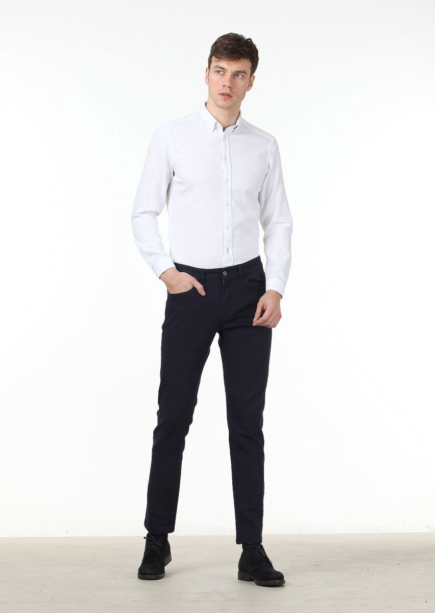 Lacivert Düz Dokuma Slim Fit Casual Pamuk Karışımlı Pantolon - 2