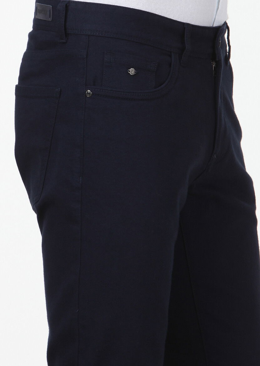 Lacivert Düz Dokuma Slim Fit Casual Pamuk Karışımlı Pantolon - 3