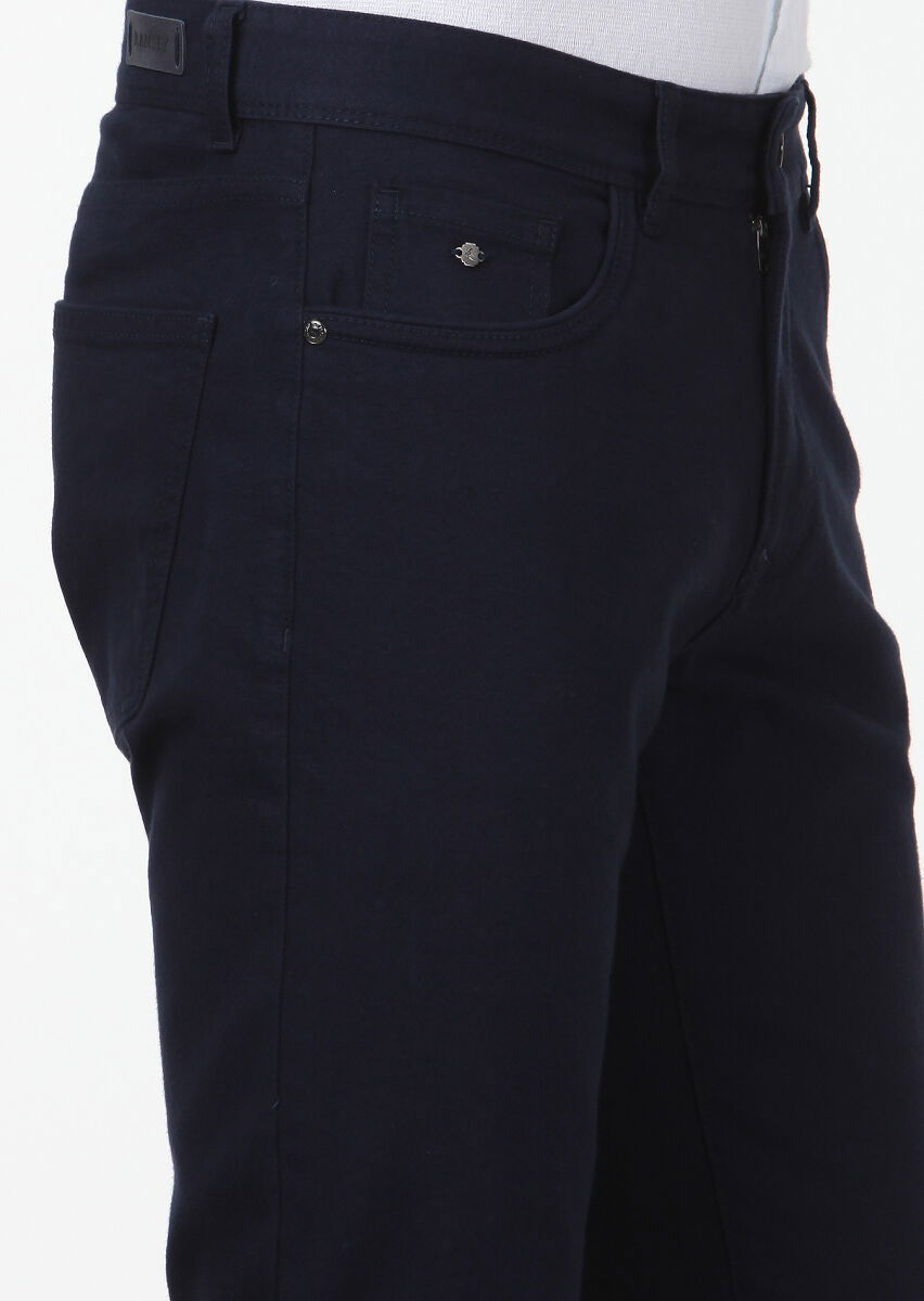 Lacivert Düz Dokuma Slim Fit Casual Pamuk Karışımlı Pantolon - 3