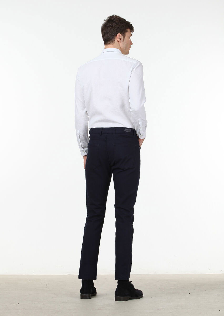 Lacivert Düz Dokuma Slim Fit Casual Pamuk Karışımlı Pantolon - 4