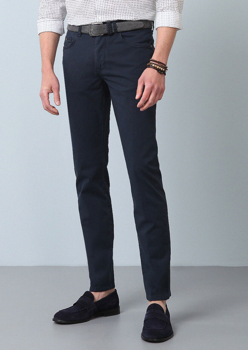 Lacivert Düz Dokuma Slim Fit Casual Pamuk Karışımlı Pantolon - 3