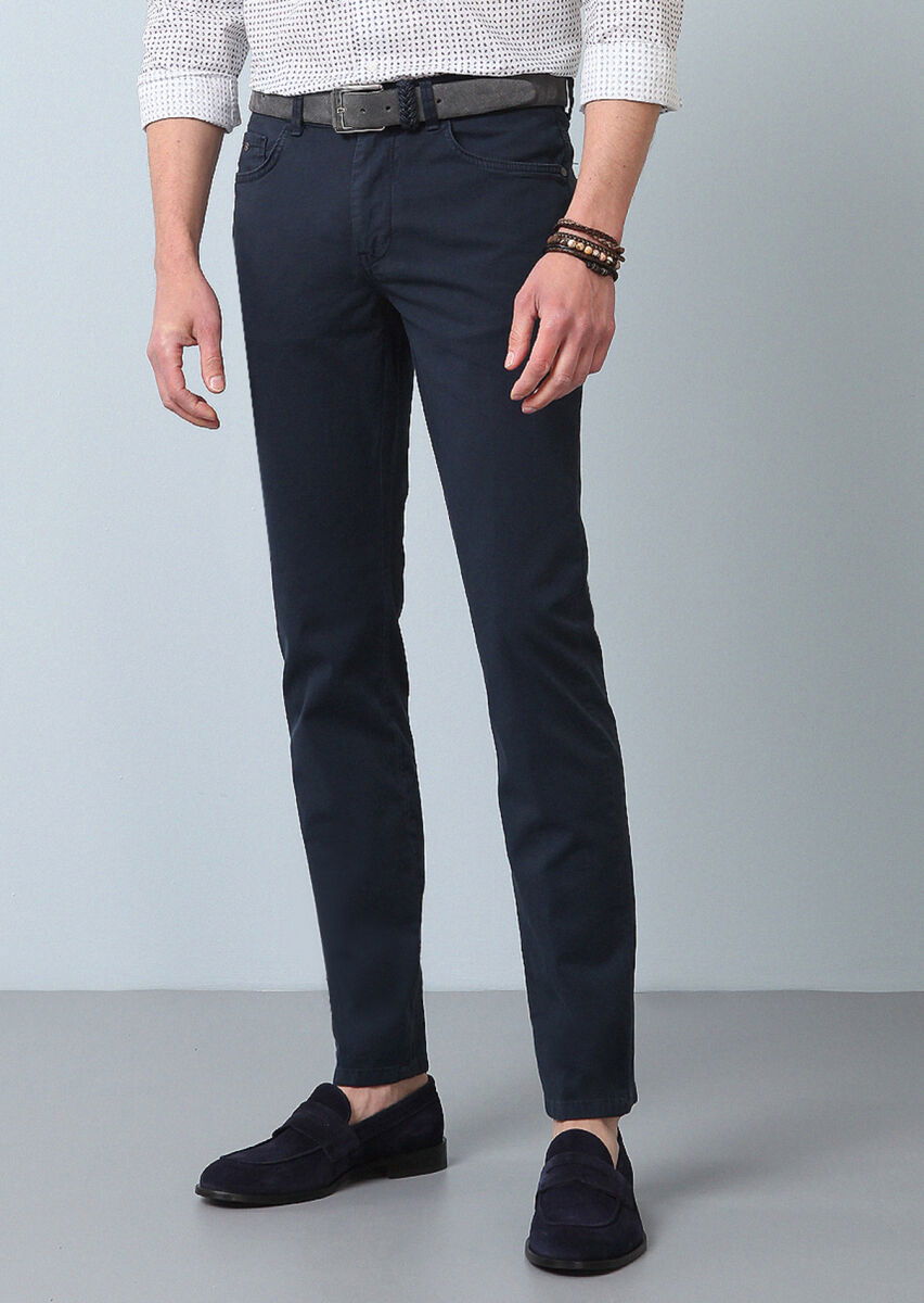 Lacivert Düz Dokuma Slim Fit Casual Pamuk Karışımlı Pantolon - 3