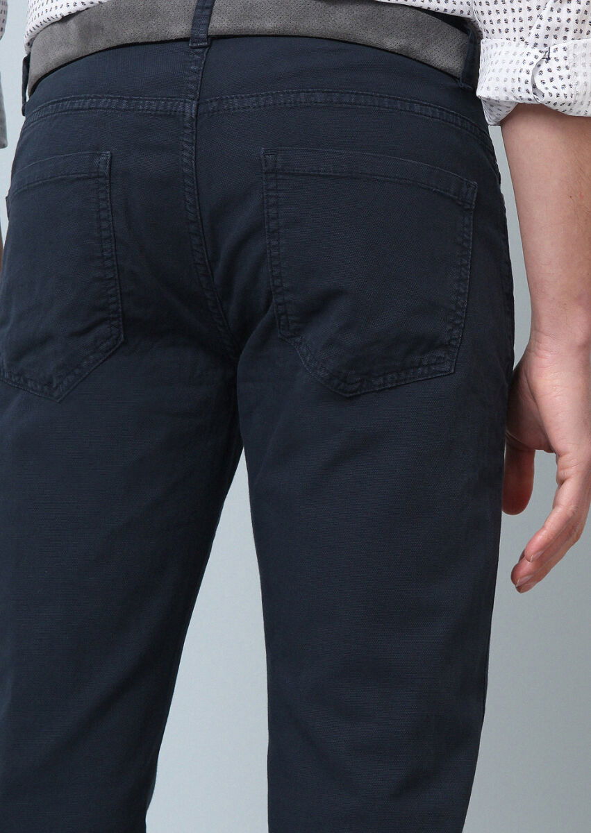 Lacivert Düz Dokuma Slim Fit Casual Pamuk Karışımlı Pantolon - 4