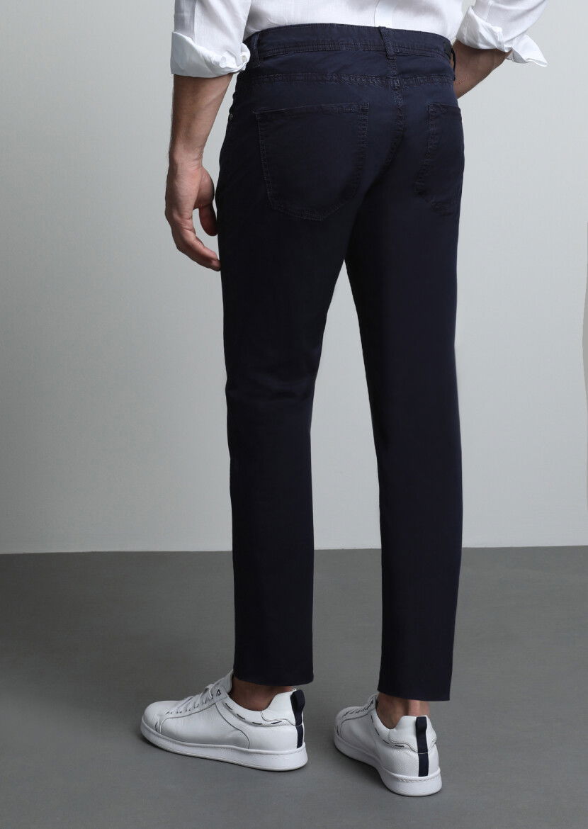 Lacivert Düz Dokuma Slim Fit Casual Pamuk Karışımlı Pantolon - 5