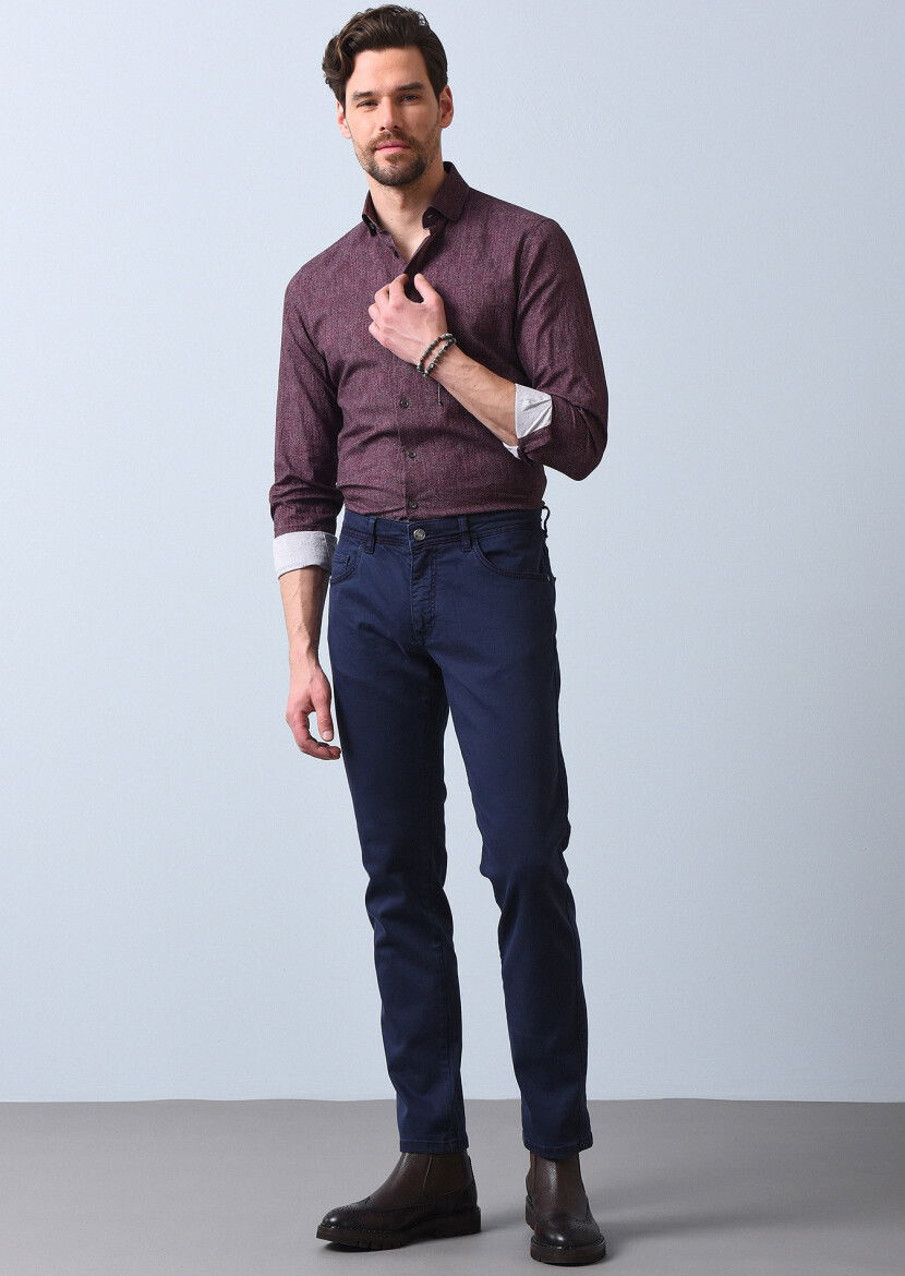 Lacivert Düz Dokuma Slim Fit Casual Pamuk Karışımlı Pantolon 