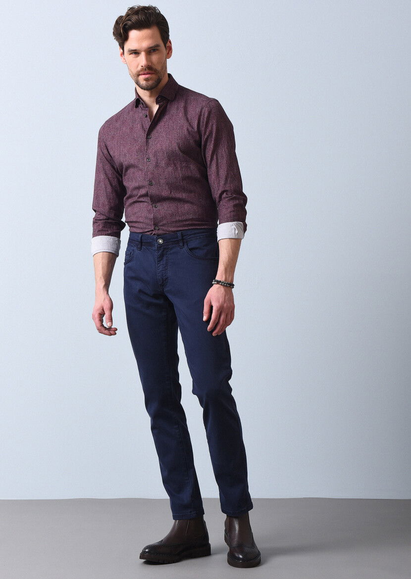 Lacivert Düz Dokuma Slim Fit Casual Pamuk Karışımlı Pantolon 