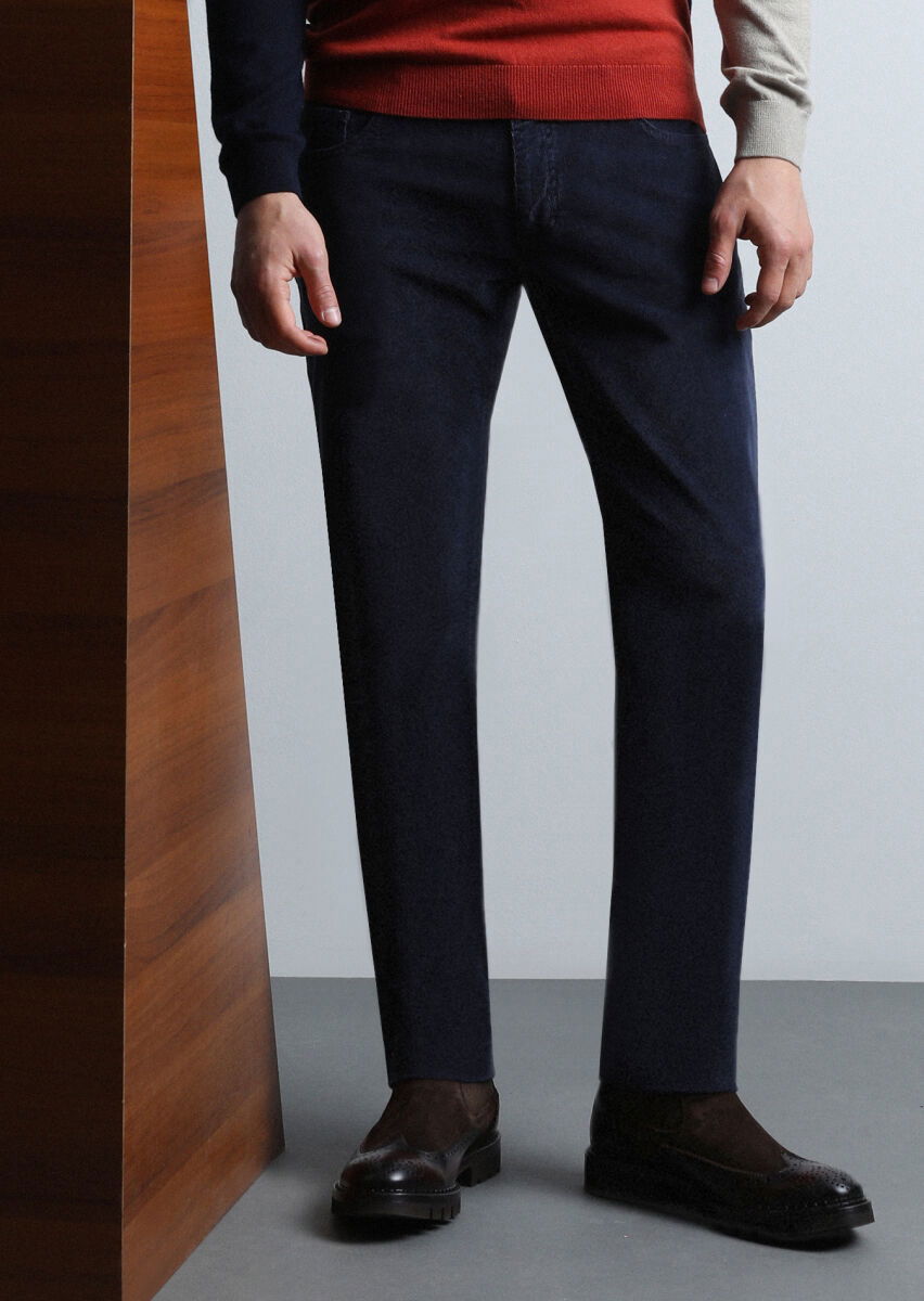 Lacivert Düz Dokuma Slim Fit Casual Pamuk Karışımlı Pantolon - 2