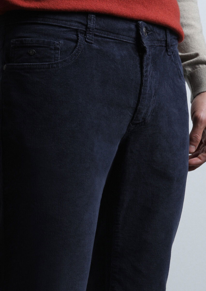 Lacivert Düz Dokuma Slim Fit Casual Pamuk Karışımlı Pantolon - 3