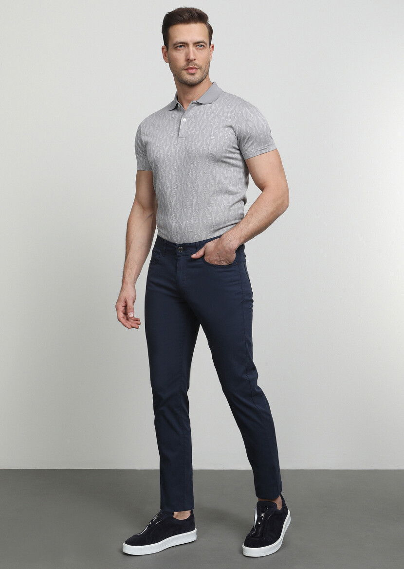 Lacivert Düz Dokuma Slim Fit Casual Pamuk Karışımlı Pantolon - 1