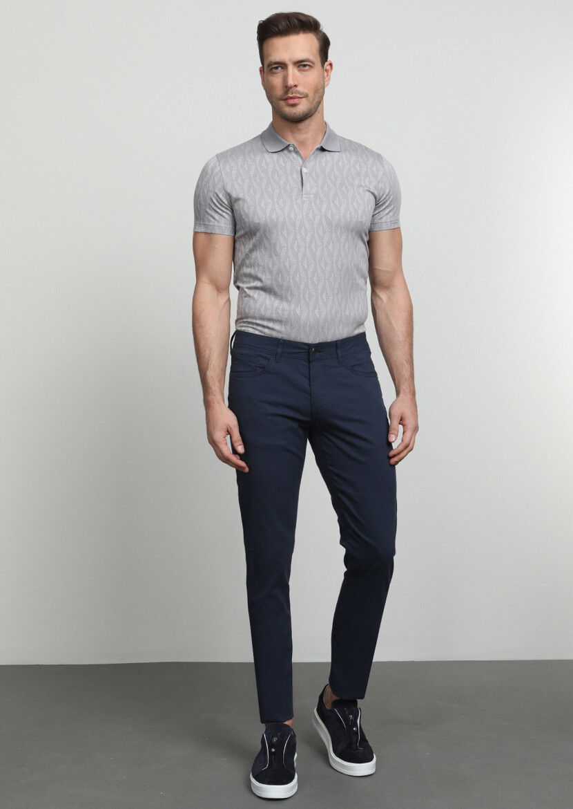 Lacivert Düz Dokuma Slim Fit Casual Pamuk Karışımlı Pantolon - 3